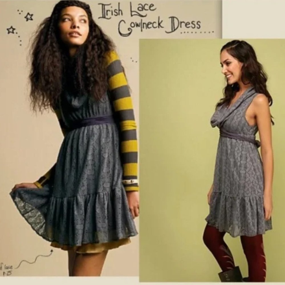 Free People Irish Lace Cowl Neck Gray Dress Size 2 Crochet Belted
